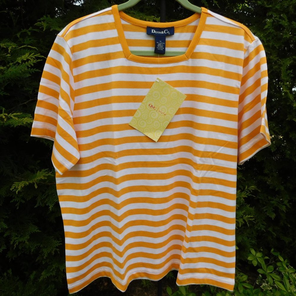 Denim & Co Plus Sunny Yellow-Orange & White Stripe Square Neck Tee NWT